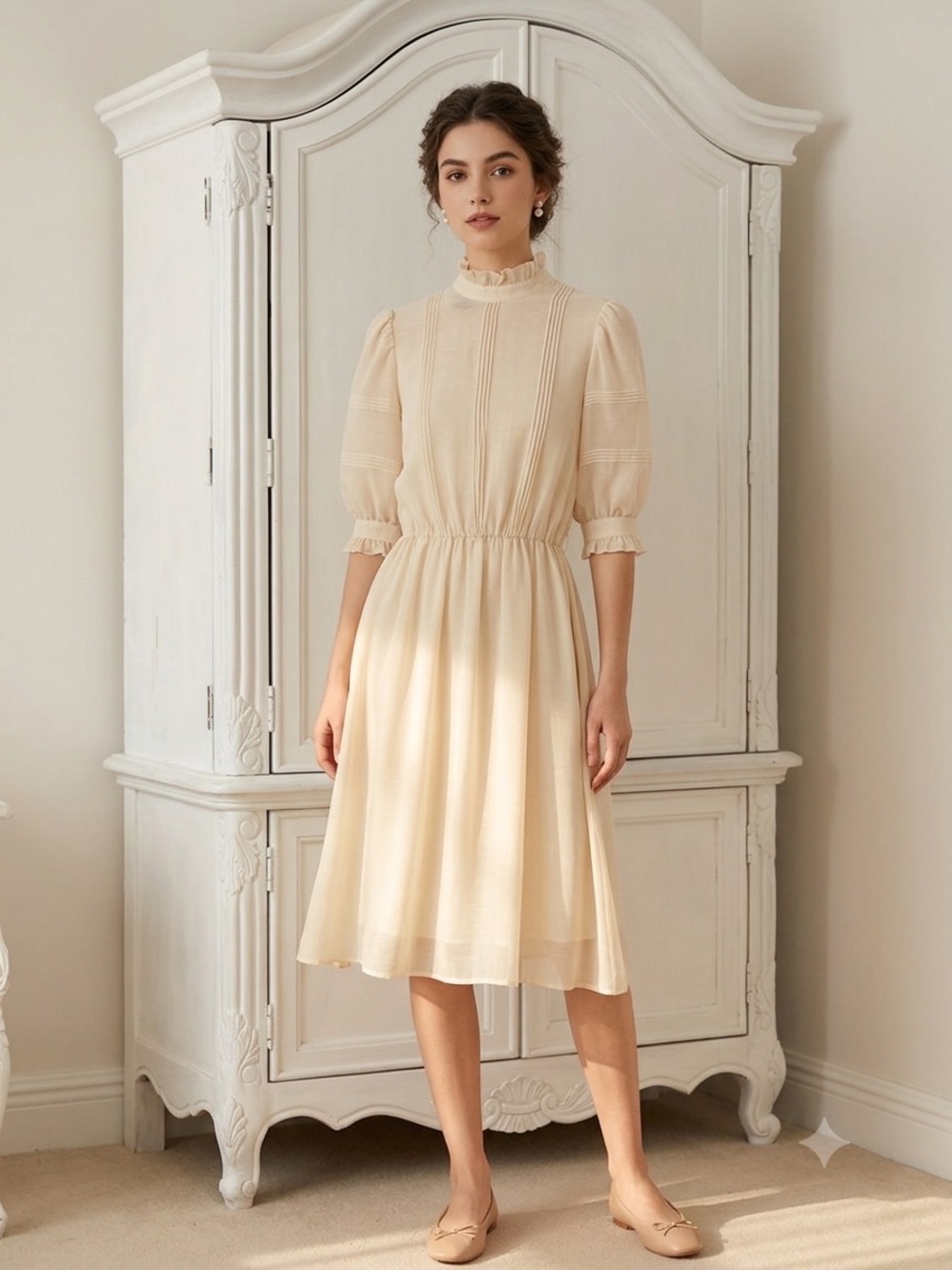 Cream Midi Dress Sezane Pintuck & Ruffle Neck vintage retro Xs/S romantic